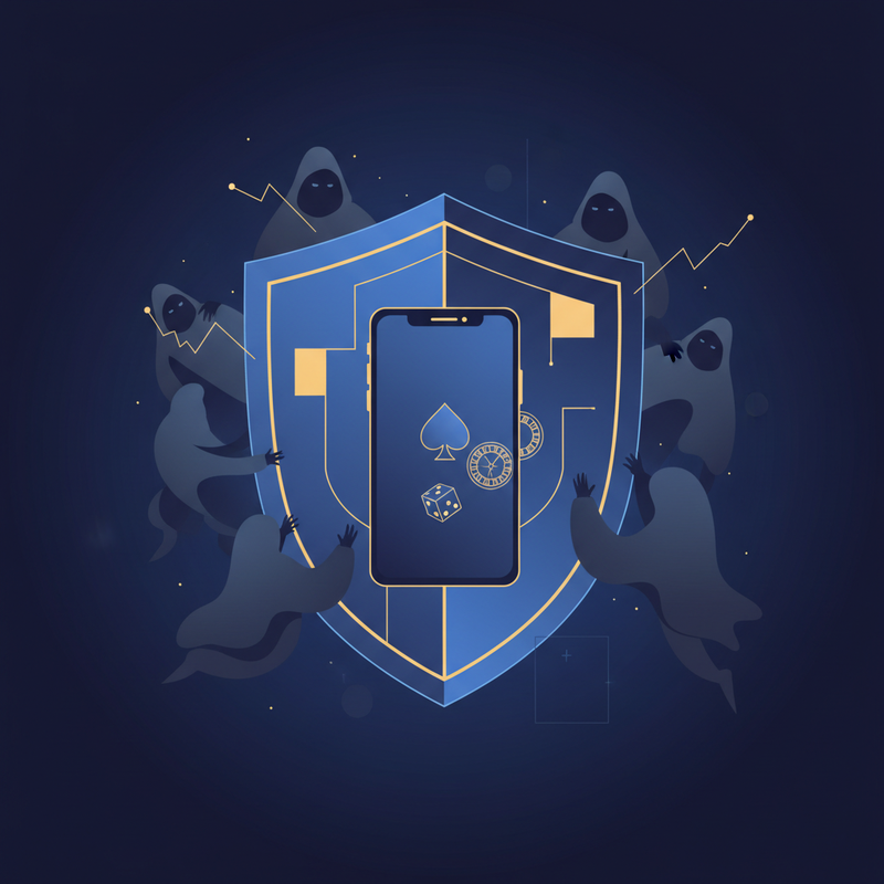 Kuvituskuva: Of a digital shield protecting a smartphone with casino icons from shadowy hacker figures, blue and gold colors.