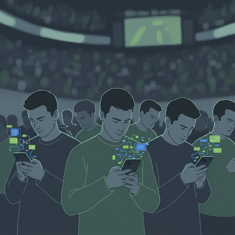 Kuvituskuva: Group of men focused on their smartphones during a live event, illustrating mobile sports betting behavior