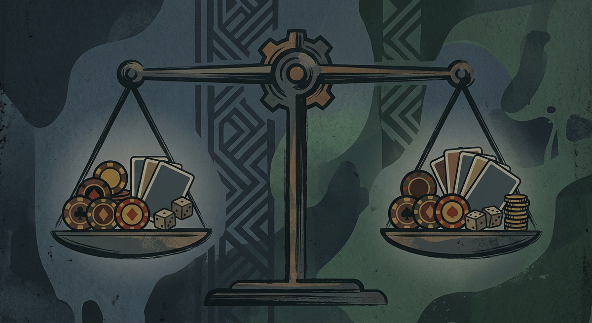 Kuvituskuva: Muted, dark illustration of a balanced scale with gambling symbols.