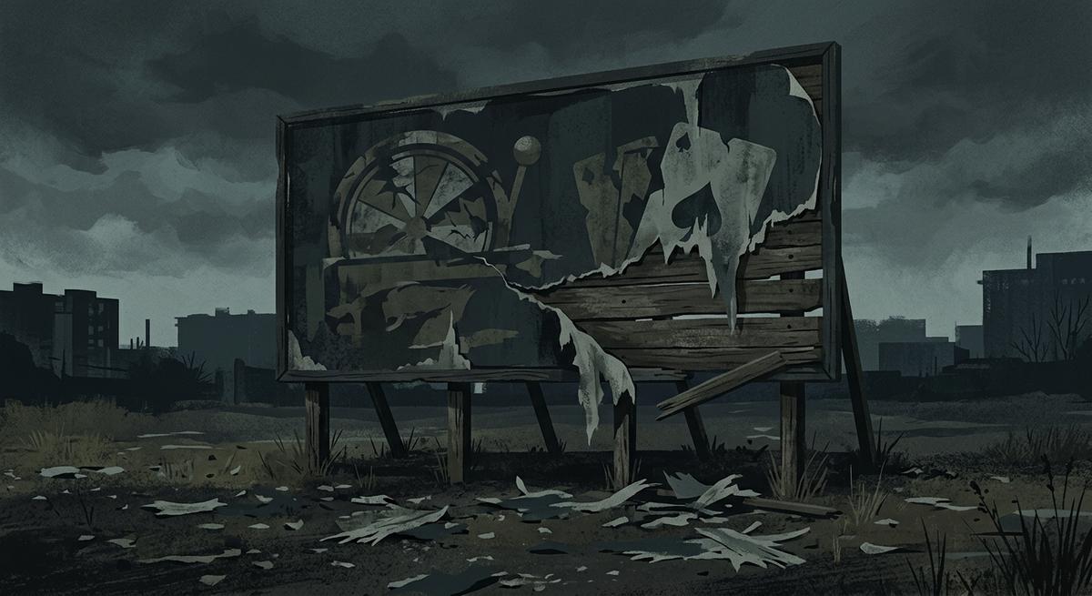 Kuvituskuva: Dark, muted illustration of a broken gambling advertisement.