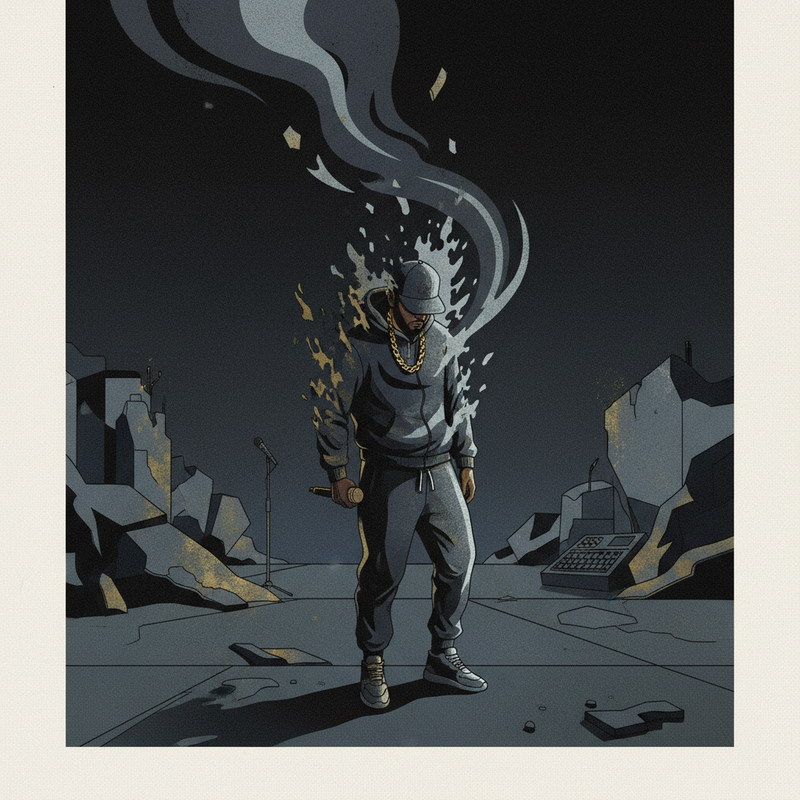 Kuvituskuva: Gloomy, professional illustration of a rapper disappearing into shadows.