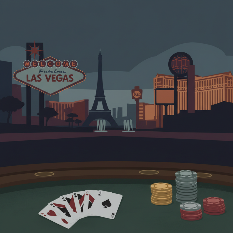 Kuvituskuva: Of Las Vegas Strip neon signs and a baccarat table with playing cards and casino chips.