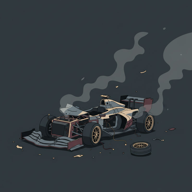 Kuvituskuva: Dark, muted editorial illustration of a crashed race car, professional.