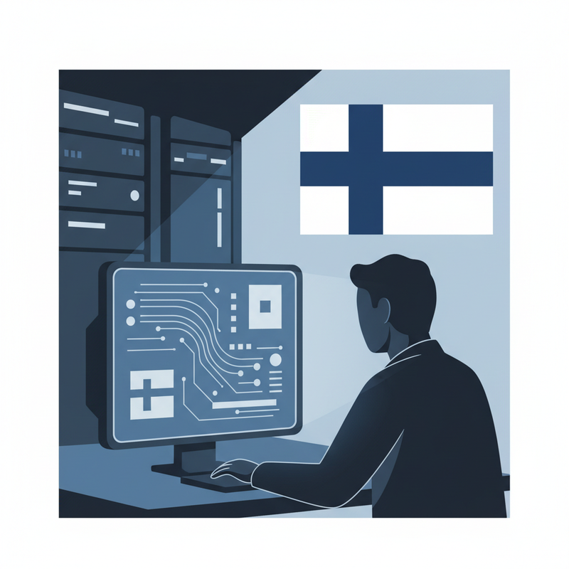 Kuvituskuva: Suomen viranomainen valvomassa pelidataa, tietokoneen ruudulla näkyy dataa ja taustalla Suomen lippu