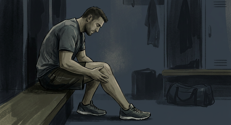 Kuvituskuva: Muted, dark, professional illustration of a sports injury's lasting impact.