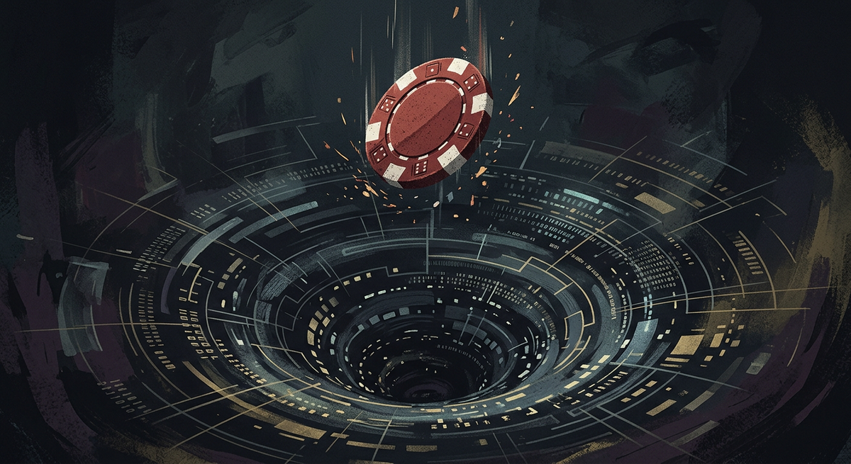 Kuvituskuva: Dark, muted editorial illustration of a casino chip falling into a digital void.