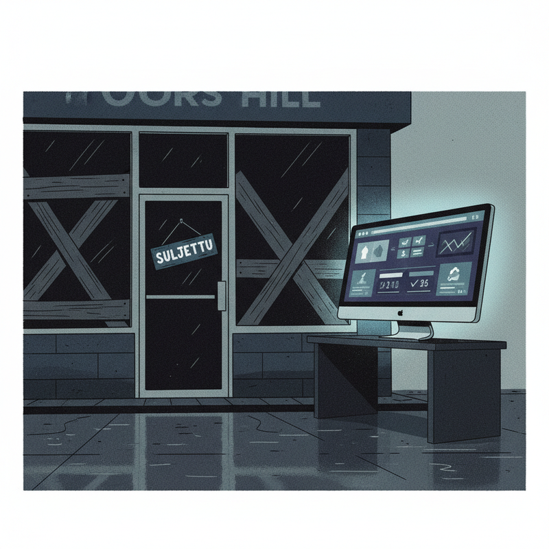 Kuvituskuva: William Hillin suljettu vedonlyöntitoimisto Britanniassa, kyltissä 'Suljettu' ja taustalla digitaalinen vedonlyöntisivusto tietokoneen näytöllä.