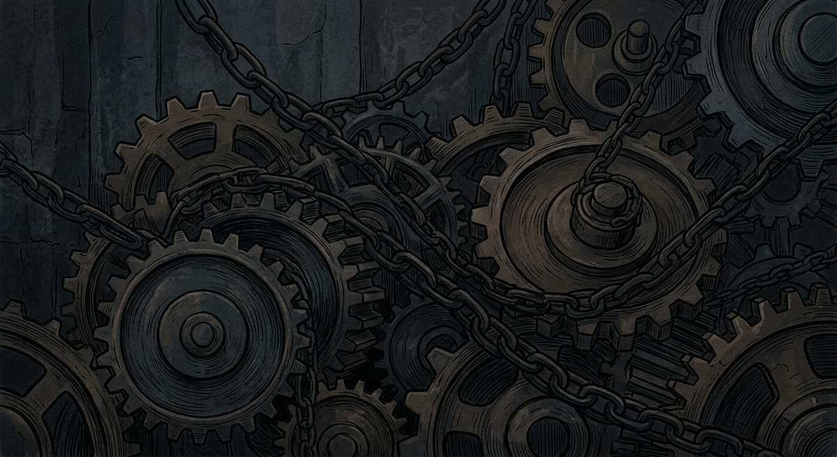 Kuvituskuva: Dark, muted editorial illustration of a complex, shadowed network of interlocking gears and chains.