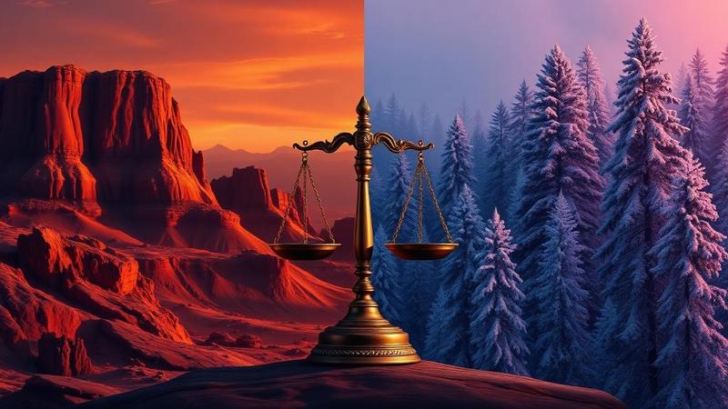 Australian aavikko ja Suomen metsämaisema oikeuden vaakakuppien molemmin puolin, rahapelisääntelyn vertailukuva