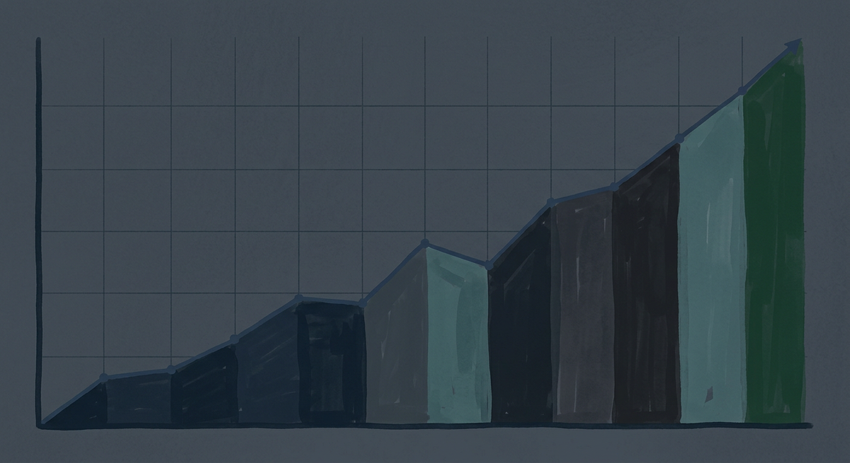 Kuvituskuva: Muted, dark professional illustration of a stock chart with upward trend.