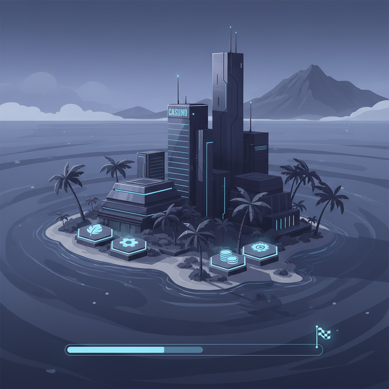 Kuvituskuva: A digital illustration of a tropical island with futuristic casino buildings, resource icons, and a progression bar, editorial style.