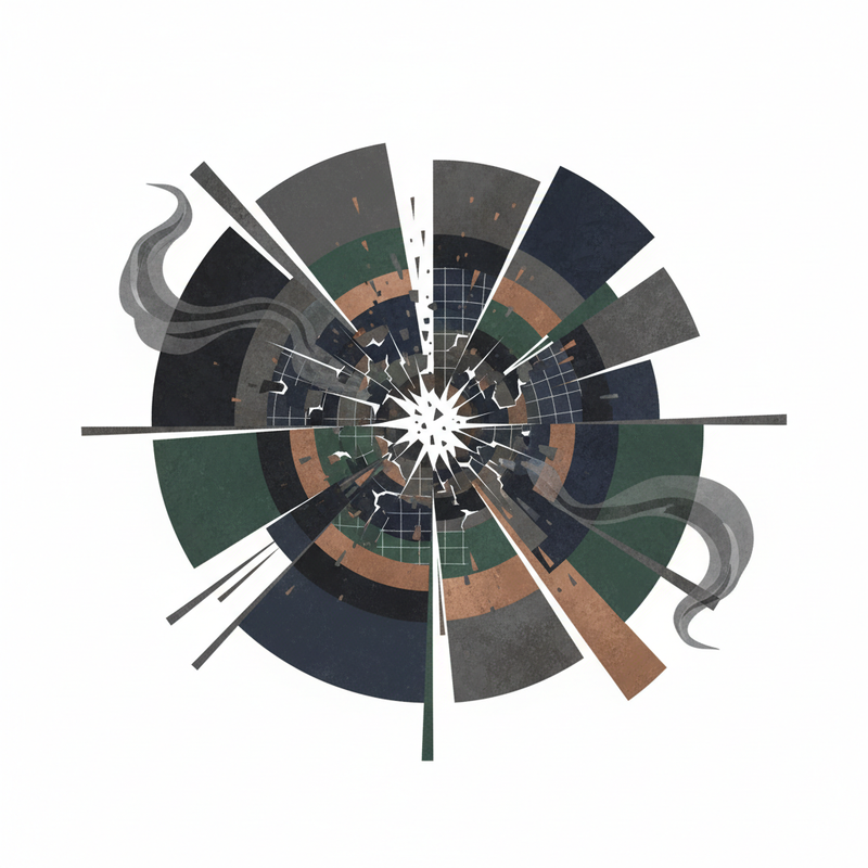 Kuvituskuva: Dark, muted, abstract shapes representing industry disruption, professional editorial style.