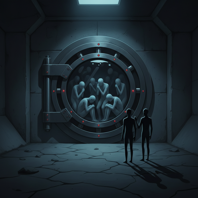 Kuvituskuva: Muted, dark illustration of a secure, locked pod with worried figures.